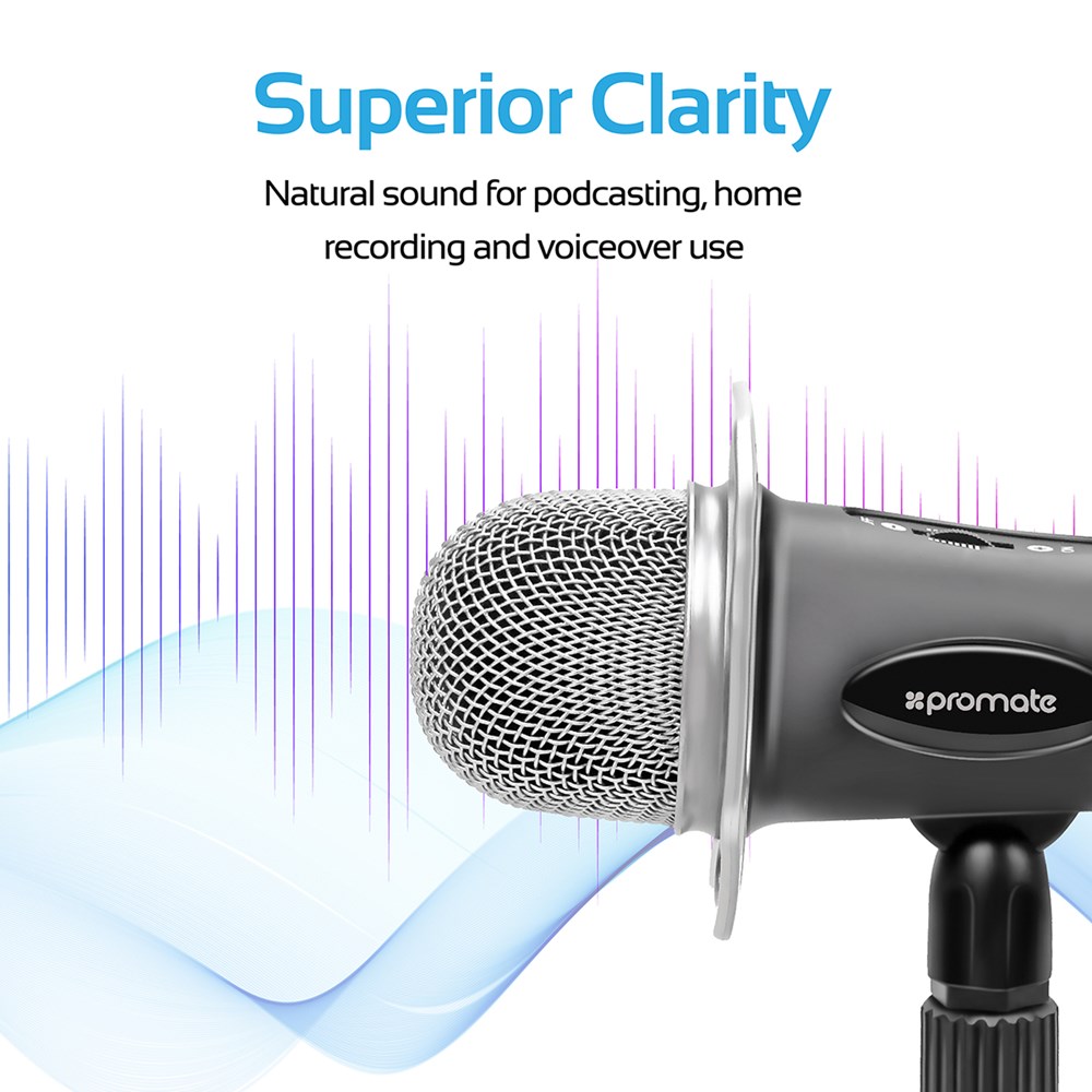 "Buy Online  Promate Desktop Microphones I 3.5mm Professional Condenser Recording Podcast Microphone with Built-In Volume Control and Tripod Stand for PC I Laptop I Skype I Vocal Recording I Tweeter-8 Black Audio and Video"