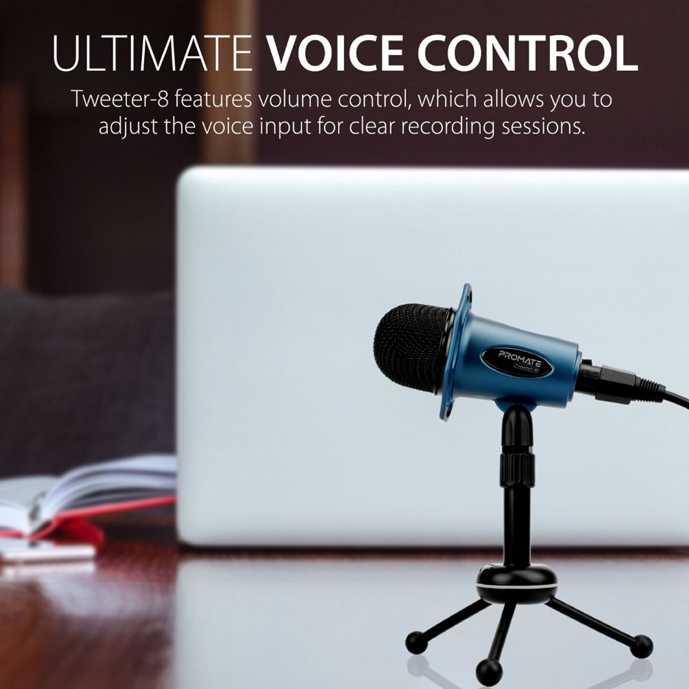 "Buy Online  Promate Desktop Microphones I 3.5mm Professional Condenser Recording Podcast Microphone with Built-In Volume Control and Tripod Stand for PC I Laptop I Skype I Vocal Recording I Tweeter-8 Blue Audio and Video"