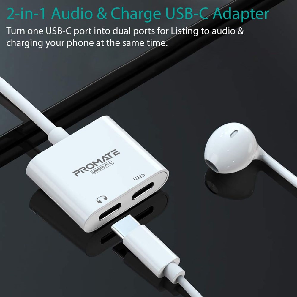 "Buy Online  Promate USB C Headphone and Charge Splitter I 2 in 1 USB Type C to USB C HD Sound Audio Input and 60W Power Delivery Charging Converter Adapter Google Pixel 3/3 XL I Huawei Mate 20 Pro I UniSplit-C Accessories"