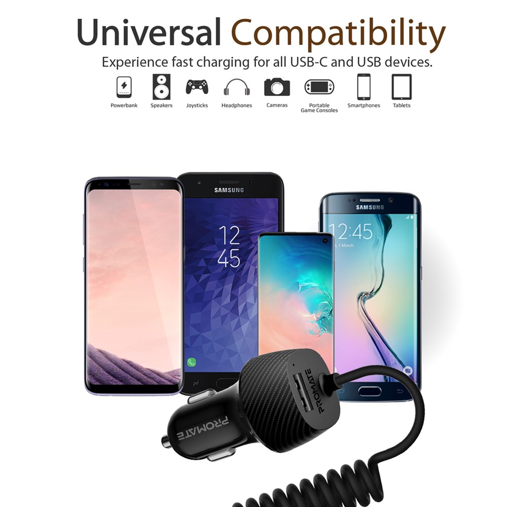 "Buy Online  Promate Type-C Car Charger AdapterI Fast Charging 3.4A USB Car Charger with Integrated Built-In Coiled USB-C Tangle-Free Cor and Short Circuit Protection for SmartphonesI iPhoneI GPSI VolTrip-C Mobile Accessories"