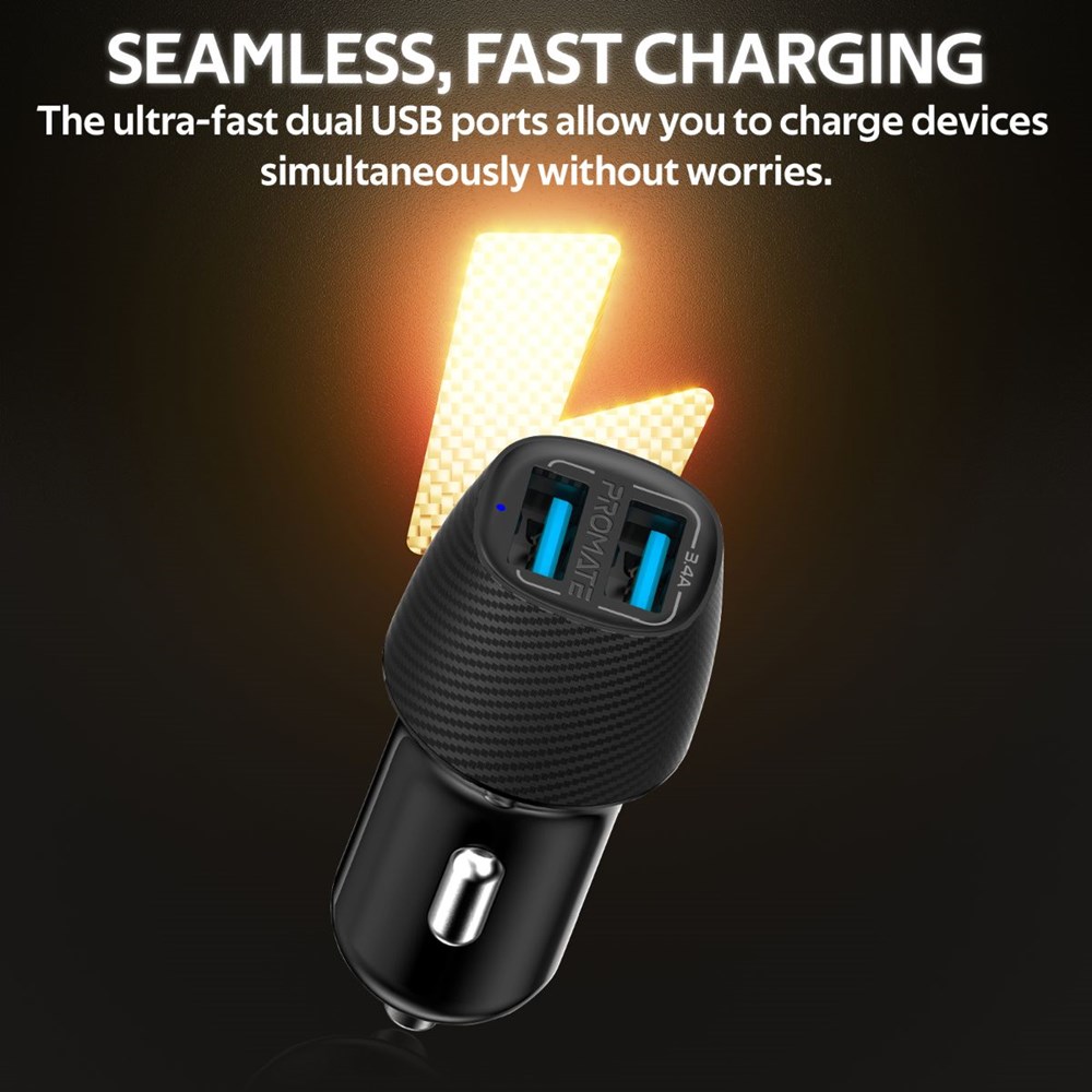 "Buy Online  Promate 3.4A Car ChargerI Universal Compact 3.4A Fast Charging Car Adapter with Smart Output Compatible and Short Circuit Protection for SmartphonesI TabletI All USB Enabled DevicesI VolTrip-Duo Black Mobile Accessories"