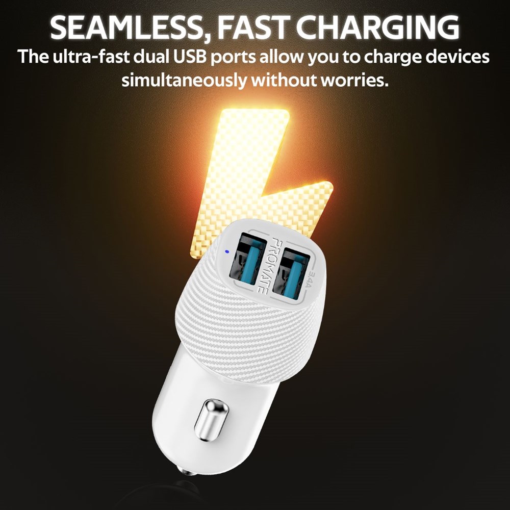 "Buy Online  Promate 3.4A Car ChargerI Universal Compact 3.4A Fast Charging Car Adapter with Smart Output Compatible and Short Circuit Protection for SmartphonesI TabletI All USB Enabled DevicesI VolTrip-Duo White Mobile Accessories"