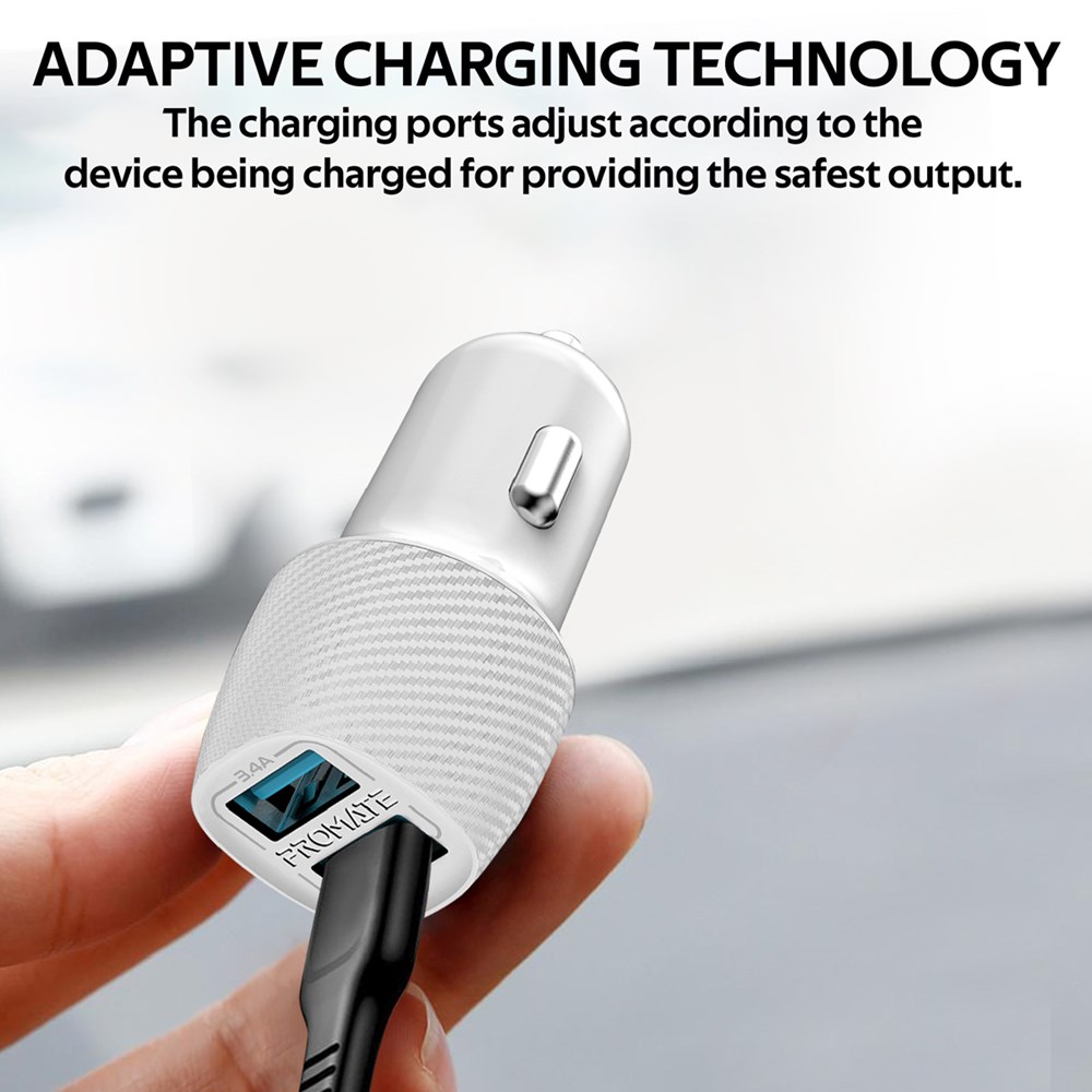 "Buy Online  Promate 3.4A Car ChargerI Universal Compact 3.4A Fast Charging Car Adapter with Smart Output Compatible and Short Circuit Protection for SmartphonesI TabletI All USB Enabled DevicesI VolTrip-Duo White Mobile Accessories"