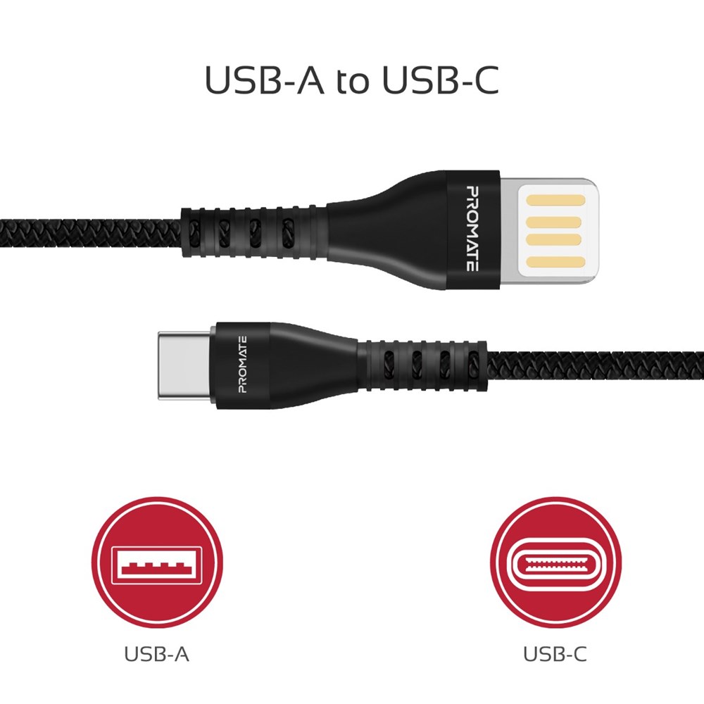 "Buy Online  Promate USB-C to Reversible USB-A Charging CableI High-Speed Fast Sync Charge 2A Type-C Cable with 1.2m Tangle Free Cord Black Accessories"
