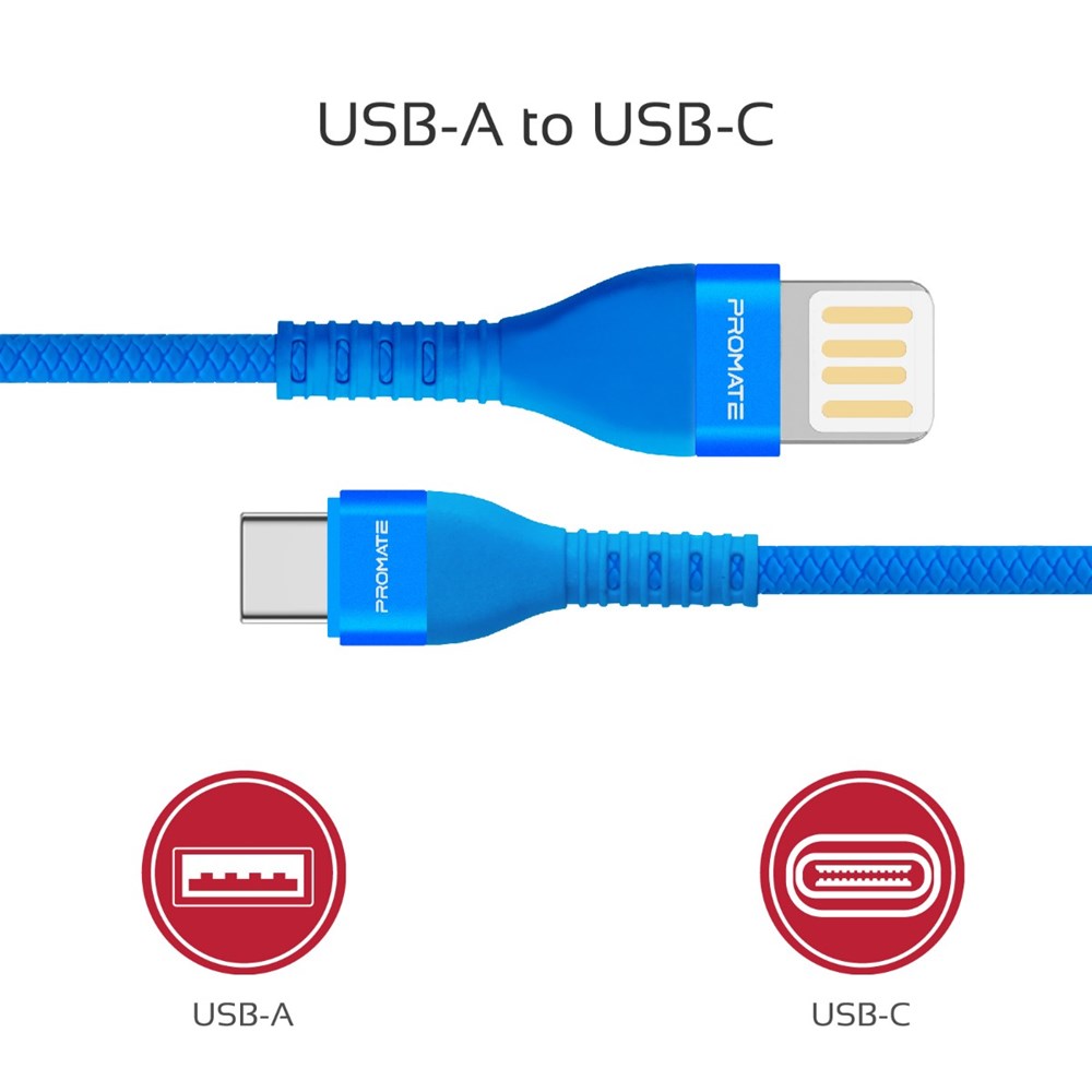 "Buy Online  Promate USB-C to Reversible USB-A Charging CableI High-Speed Fast Sync Charge 2A Type-C Cable with 1.2m Tangle Free Cord Blue Accessories"