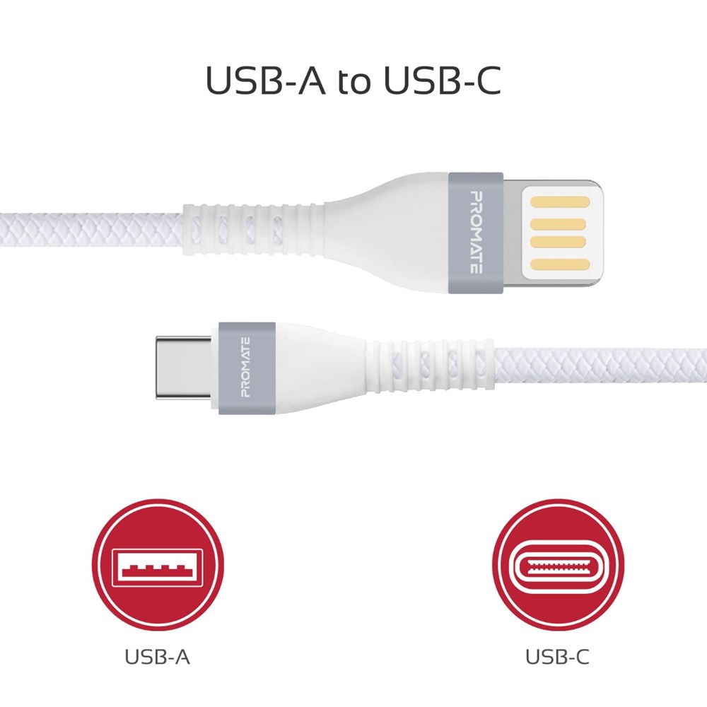 "Buy Online  Promate Reversible USB-A to USB-C CableI High-Quality 2A Fast Speed Charge Data Transmission Charging Type-C Cable White Accessories"
