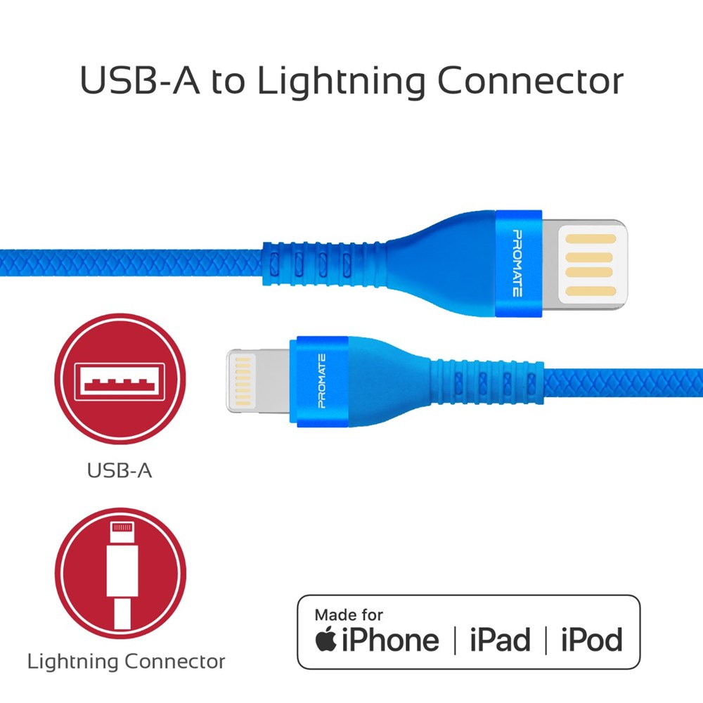 "Buy Online  Promate Lightning to Reversible USB Charging CableI Premium High-Speed Durable 1.2m Lightning Cable Blue Accessories"