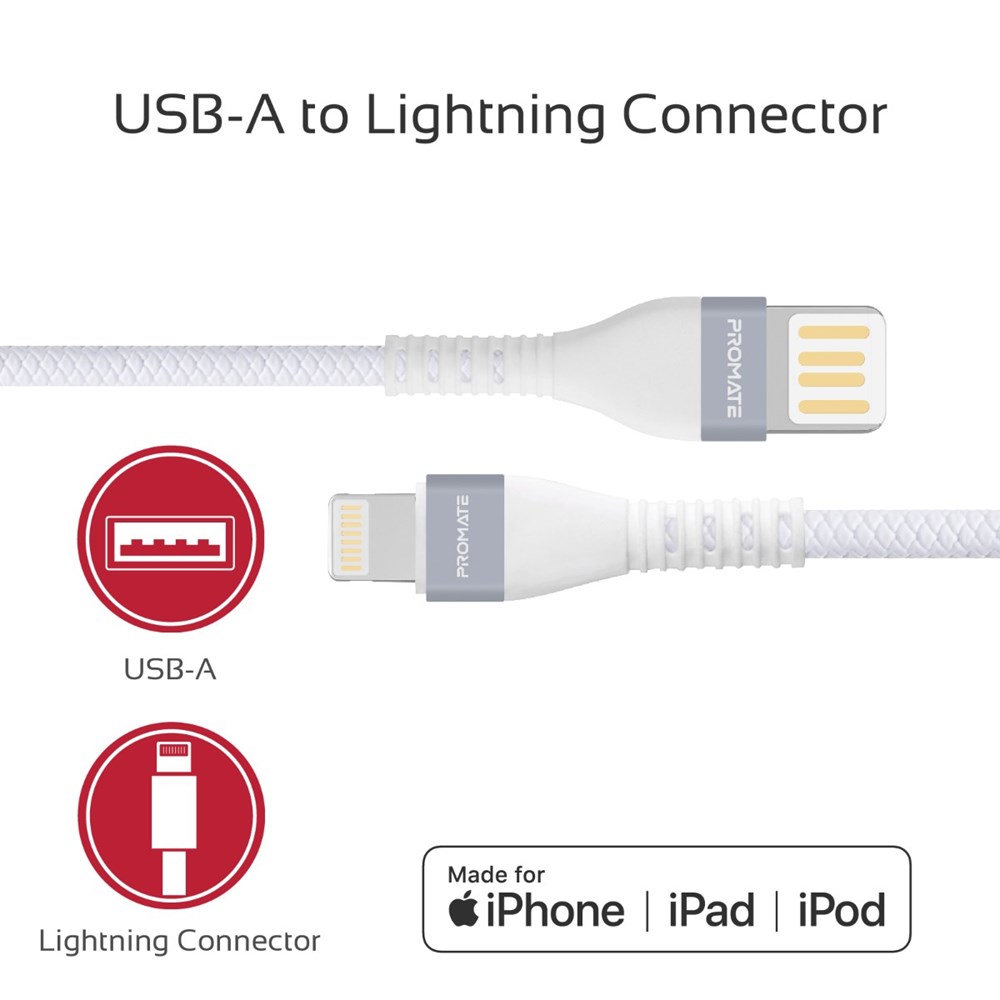 "Buy Online  Promate Reversible USB-A to Lightning CableI High-Speed Fast Charging Syncing 2A Lightning Connector Cable White Accessories"