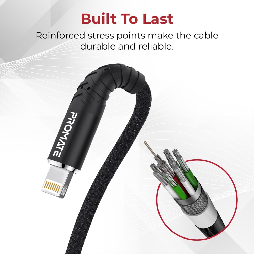 "Buy Online  Promate iPhone Charging Cable Premium Fabric Braided Lightning to USB-A Cable with 2.4A Fast Charge and Sync Over-Current Protection and 1 Meter Anti-Tangle Cord for iPhone 12 12 Pro iPad iPod iCord-1 Black Accessories"