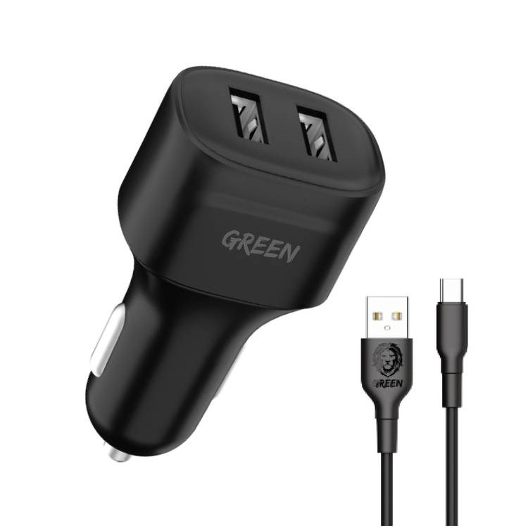 "Buy Online  Green Dual Port Car Charger 12W with PVC Type-C Cable 1.2M/Black Mobile Accessories"