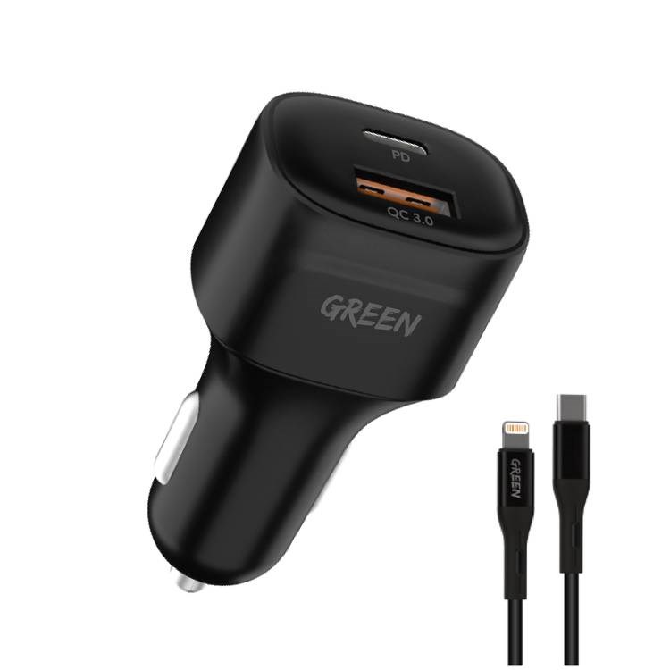 "Buy Online  Green Dual Port Car Charger PD+QC3.0 20W with PVC Type-C to Lightning Cable 1.2M/Black Mobile Accessories"