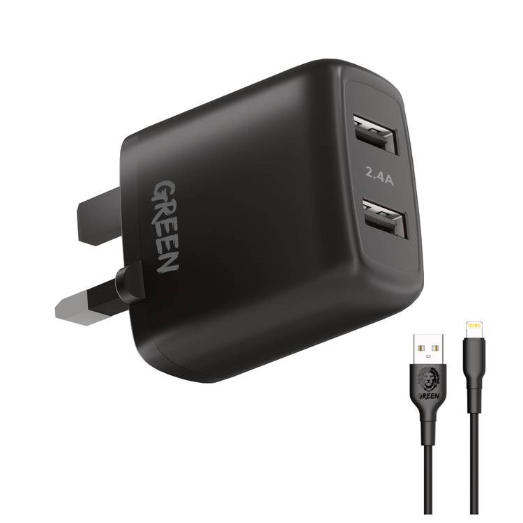 "Buy Online  Green Dual USB Port Wall Charger 12W UK with PVC Lightning Cable 1.2M/Black Mobile Accessories"