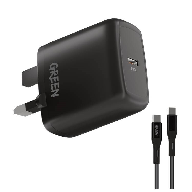 "Buy Online  Green Type-C Port Wall Charger 20W UK with PVC Type-C to Type-C Cable 1.2M/Black Mobile Accessories"