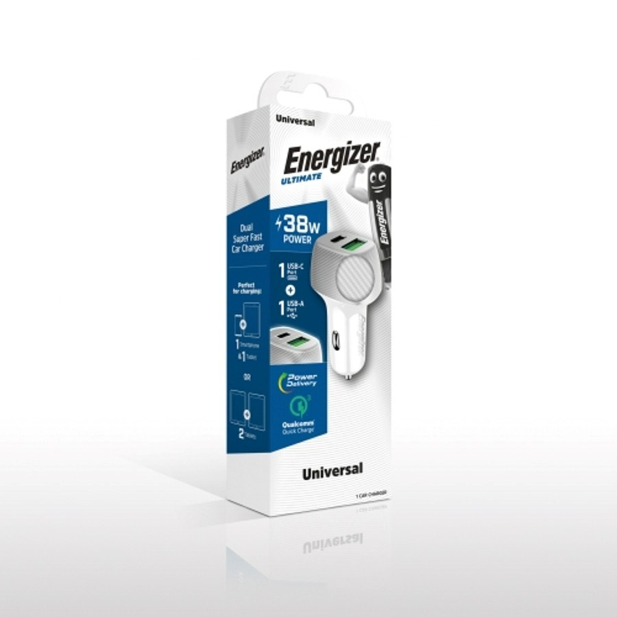 "Buy Online  Energizer Ultimate 38W Power Delivery and Quick Charge 3.0 Car Charger|20W PD for Iphones and 18W QC for Samsung and other Androids|White Mobile Accessories"