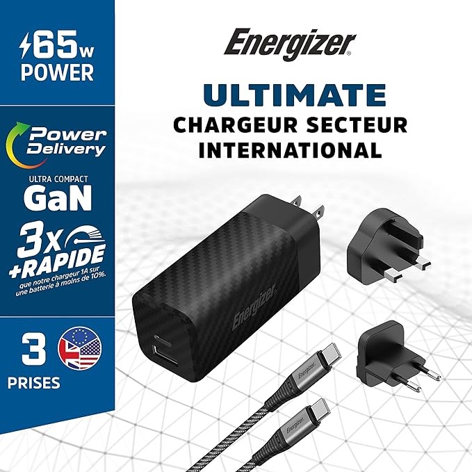 "Buy Online  Energizer Ultimate 65W PD/QC Wall Charger with Universal Plug|GaN Technology|Dual Output|USB-C to USB-C Braided Cable|Black Mobile Accessories"