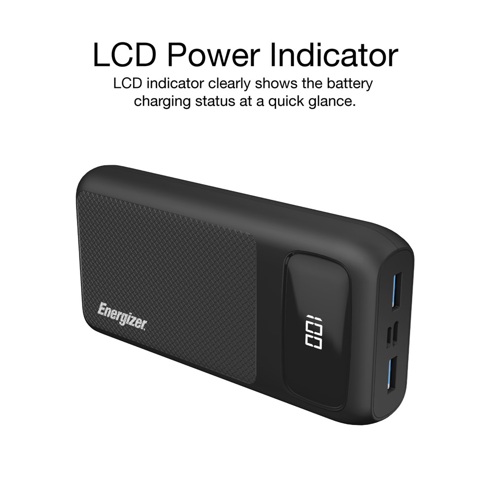 "Buy Online  Energizer 20000 mAh Power Bank with 20W Power Delivery for iPhone and 18W Smart Fast Charge for Android | Triple Outputs | With LCD Indicator | Black Mobile Accessories"