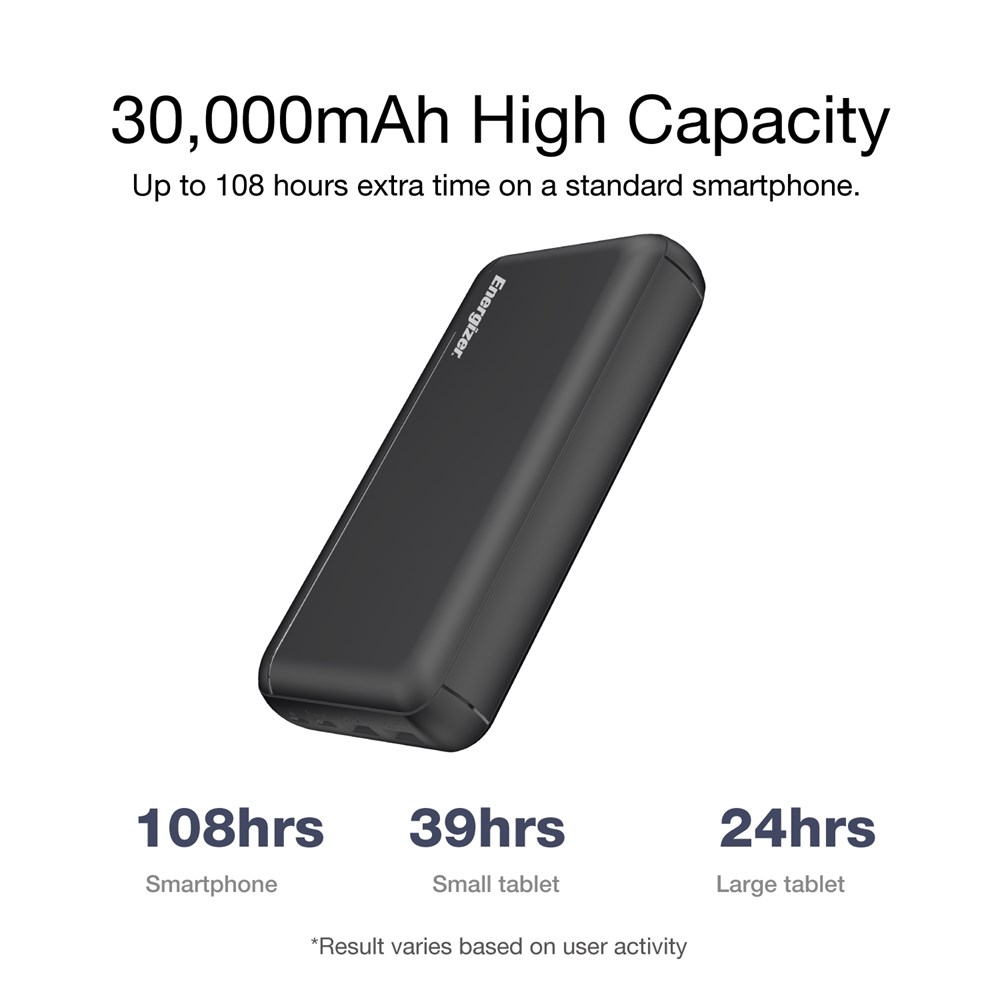 "Buy Online  Energizer Ultimate 30000 mAH Fast Charging Power Bank | Triple Outputs - Type-C Power Delivery Output | USB-A QC Outputs for Android Devices | 102 Hours extra time Black Mobile Accessories"