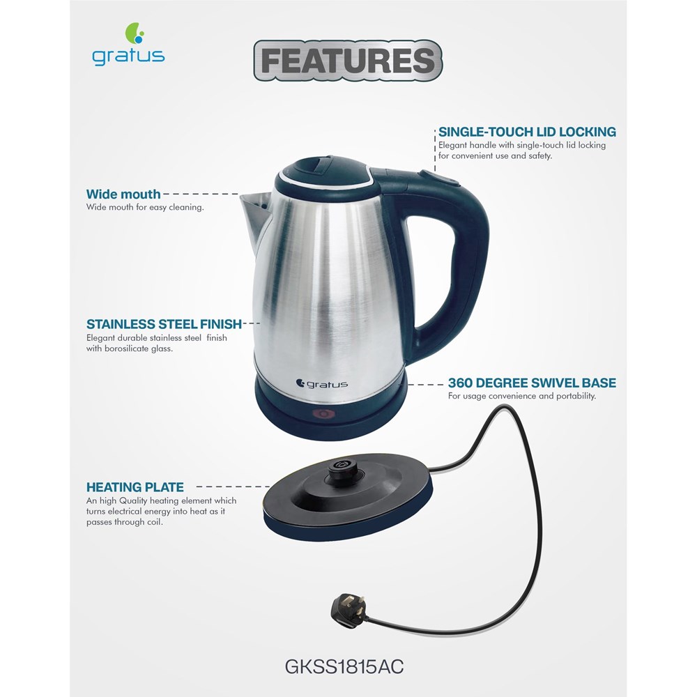 "Buy Online  GRATUS KETTLE STEEL-GKSS1815AC Home Appliances"
