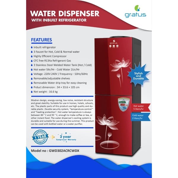 "Buy Online  GRATUS WATER DISPENSER-GWD302ACRCWX Home Appliances"