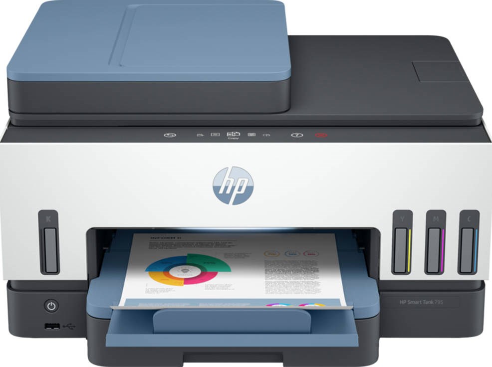 "Buy Online  HP Smart Tank 795 All-in-One Printer Wireless  Print  Scan  Copy  Fax  Auto Duplex Printing  Auto Document Feeder  Print up to 18000 black or 8000 color pages  White/Blue  [28B96A] Printers"