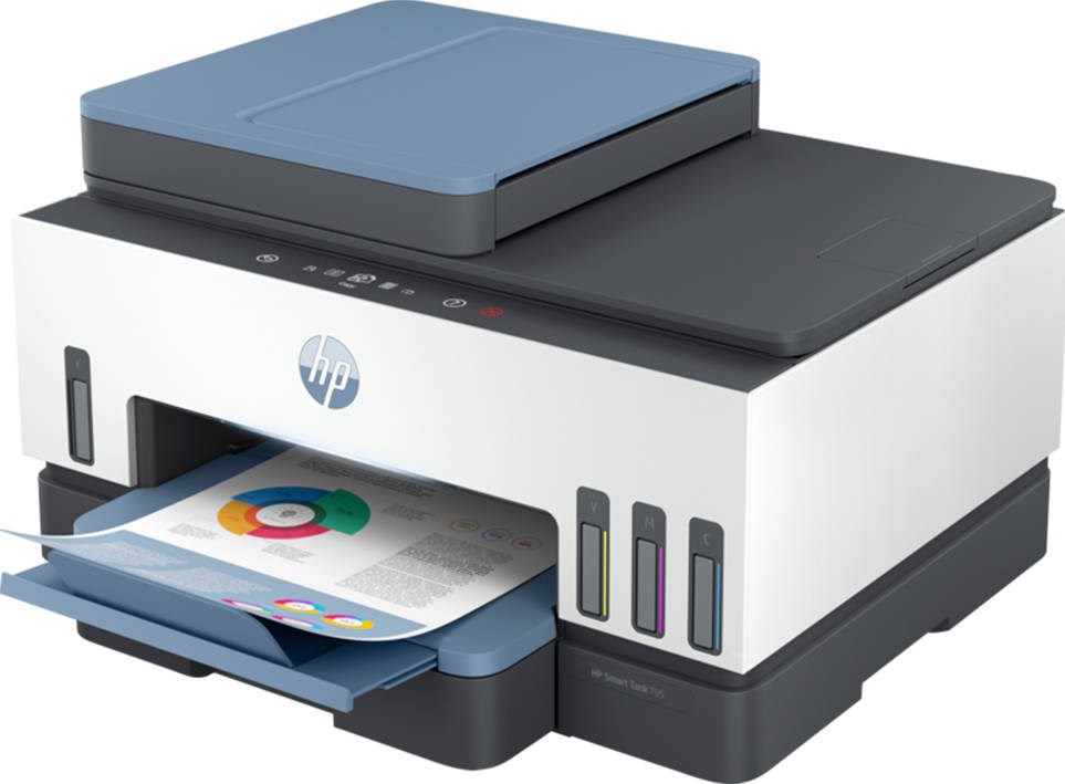 "Buy Online  HP Smart Tank 795 All-in-One Printer Wireless  Print  Scan  Copy  Fax  Auto Duplex Printing  Auto Document Feeder  Print up to 18000 black or 8000 color pages  White/Blue  [28B96A] Printers"
