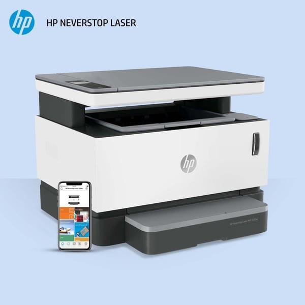 "Buy Online  HP Neverstop Laser 1200W Wireless  Print  Scan  Copy  Automated Document Feeder  Mono Printer  Toner preloaded to print up to 5000 pages - White [4RY26A] Printers"
