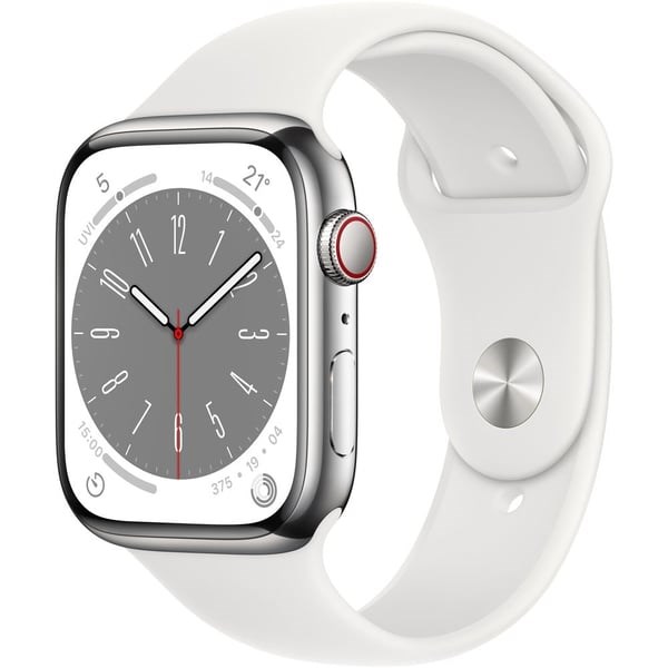 "Buy Online  Apple Watch Series 8 GPS + Cellular 45mm Silver Aluminium Case with White Sport Band - Regular MP4J3AE/A Watches"