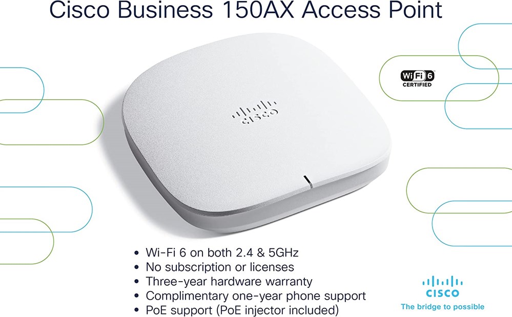 "Buy Online  Cisco Business 150AX Wi-Fi 6 2x2 Access Point 1 GbE Port - Ceiling Mount, PoE Injector Included CBW150AX-B-NA Networking"