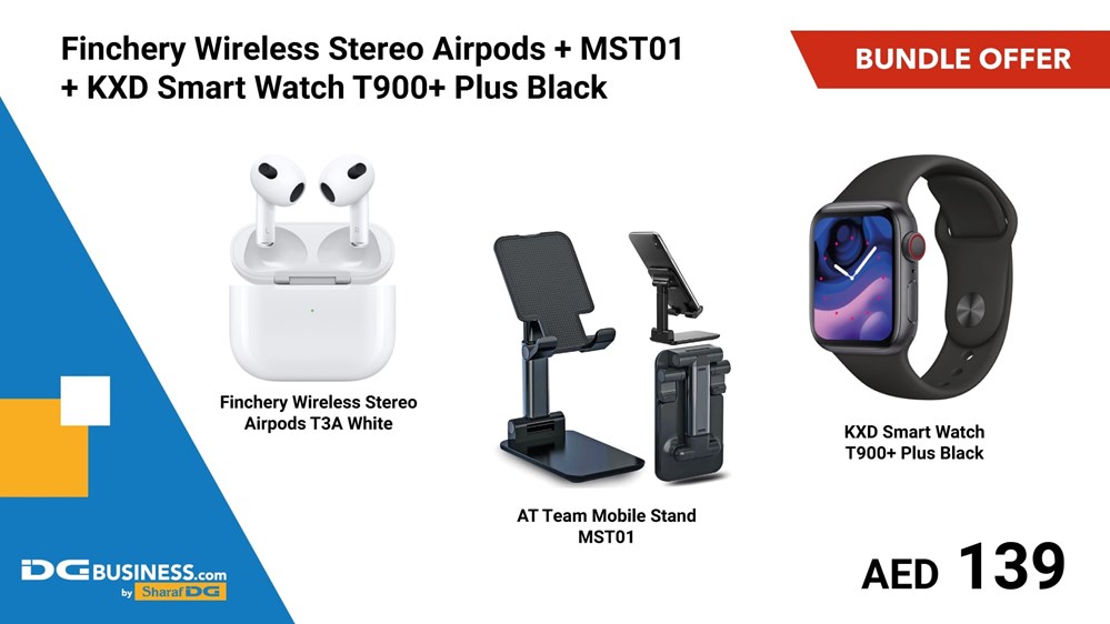 "Buy Online  Finchery Wireless Stereo Airpods T3A White+KXD SmartWatch T900+ Plus Black+AT Team Mobile Stand MST01 Mobile Accessories"