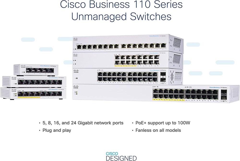 "Buy Online  Cisco CBS110 Unmanaged 24-port GEI Partial PoEI 2x1G SFP Shared Networking"