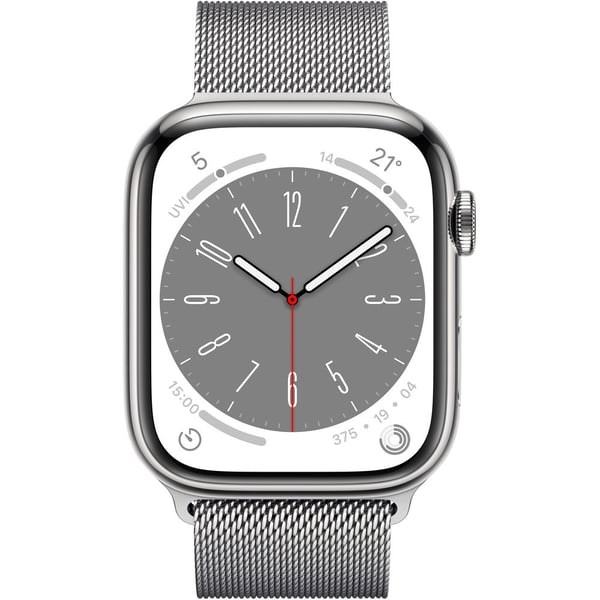 "Buy Online  Apple Watch Series 8 GPS + Cellular 41mm Silver Stainless Steel Case with Silver Milanese Loop Watches"