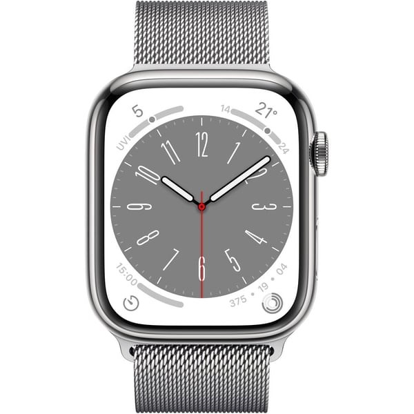 "Buy Online  Apple Watch Series 8 GPS + Cellular 45mm Silver Stainless Steel Case with Silver Milanese Loop Watches"