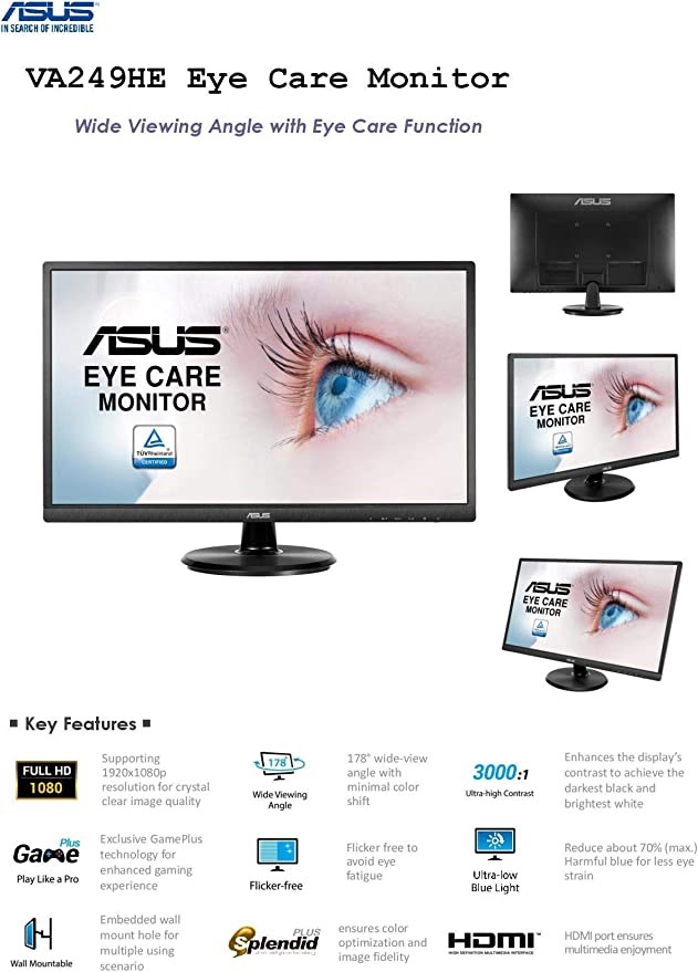 "Buy Online  Asus VA249HE 23.8” Full HD 1080p HDMI VGA Eye Care Monitor Display"