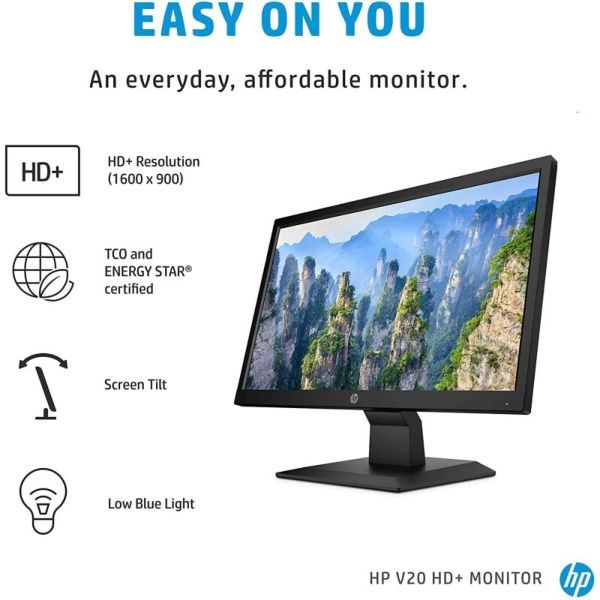 "Buy Online  HP V20 HD+ Monitor 19.5inch Diagonal HD+ Computer Monitor With TN Panel And Blue Light Settings HP Monitor With Tiltable Screen HDMI And VGA Port Display"