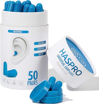 HASPRO [50 PAIRS] Eco-Friendly Bulk Pack I Ultra Soft Foam Earplugs in GIGA Tube with Carry Case I Best Earplugs for Noise Canceling I Snoring I Work I DIY I Noise Reduction SNR 38dB (Blue)