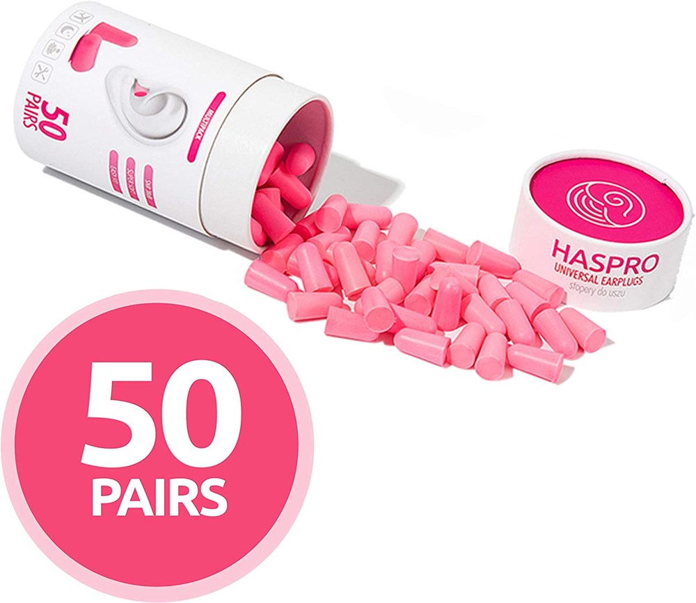"Buy Online  HASPRO [50 PAIRS] Eco-Friendly Bulk Pack I Ultra Soft Foam Earplugs in GIGA Tube with Carry Case I Best Earplugs for Noise Canceling I Snoring I Work I DIY I Noise Reduction SNR 38dB (Pink) Hearing Protection"
